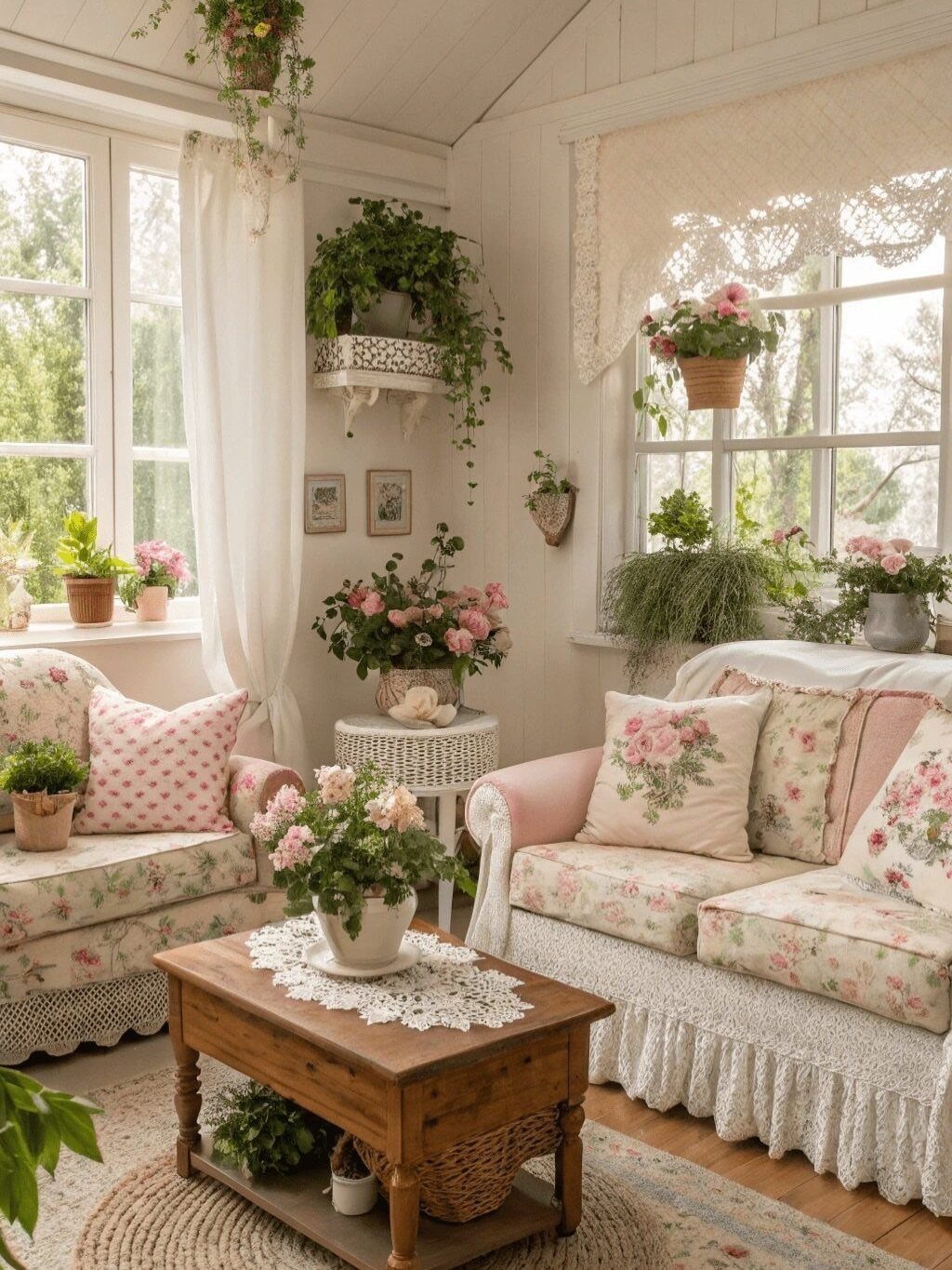 Floral print sofa and armchair in a bright room with many pink flowers.