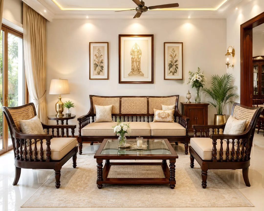 Dark wood living room set with cane backing, cream cushions, and glass coffee table.