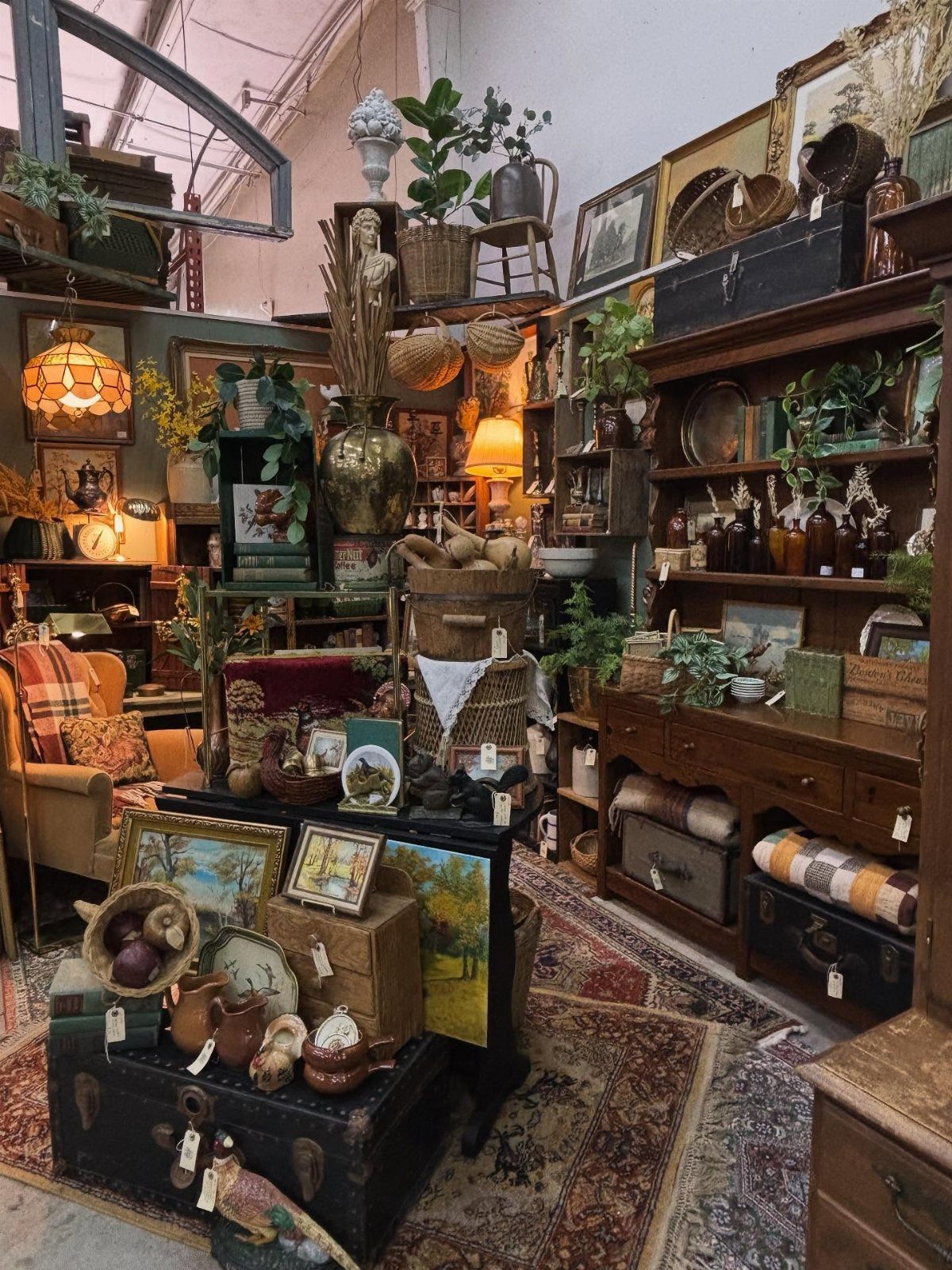 Antique shop interior filled with vintage furniture, trunks, paintings, and decorative collectibles.
