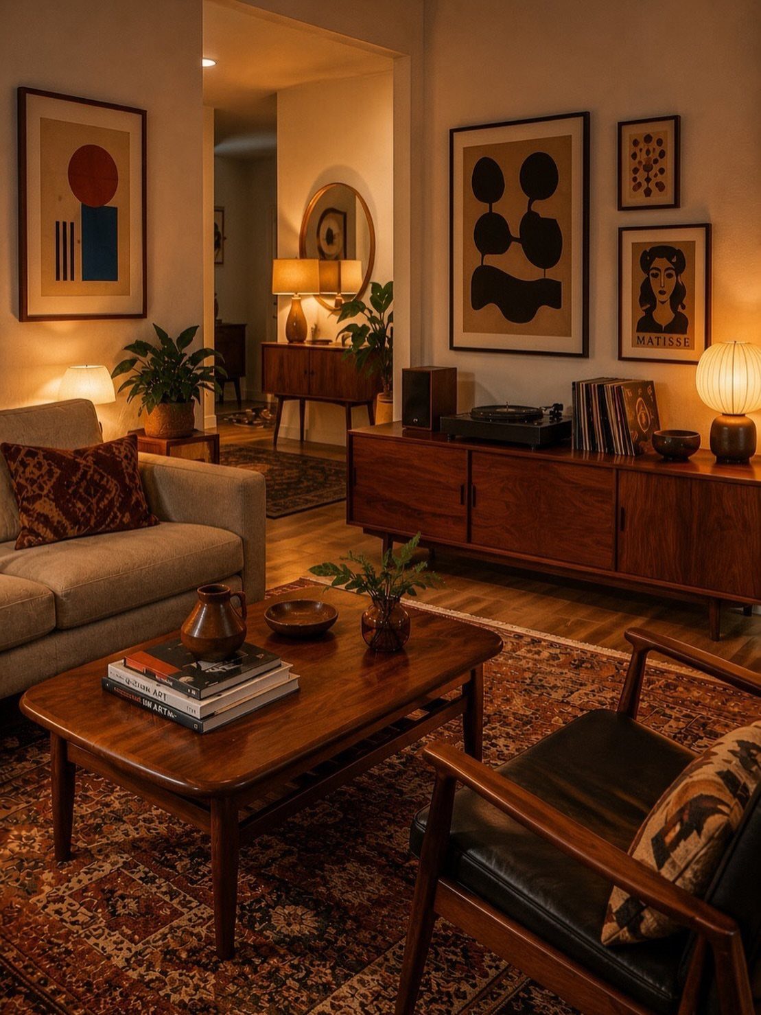 Mid-century modern living room with wooden sideboard, coffee table, and abstract wall art.